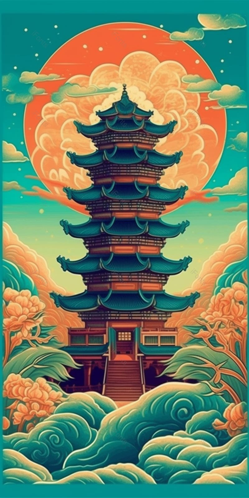 国潮竖版古塔天空明月祥云抽象手绘插画,插画/手绘图,插画/手绘图库,插画/手绘图下载,插画/手绘